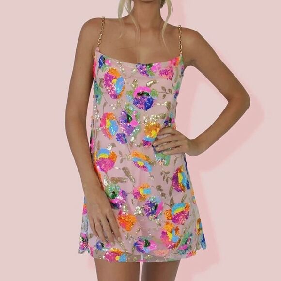 NWT Sisters The Label Kitty Slip Mini Dress - Tropical Barbie & Pearl Silk - Picture 2 of 6